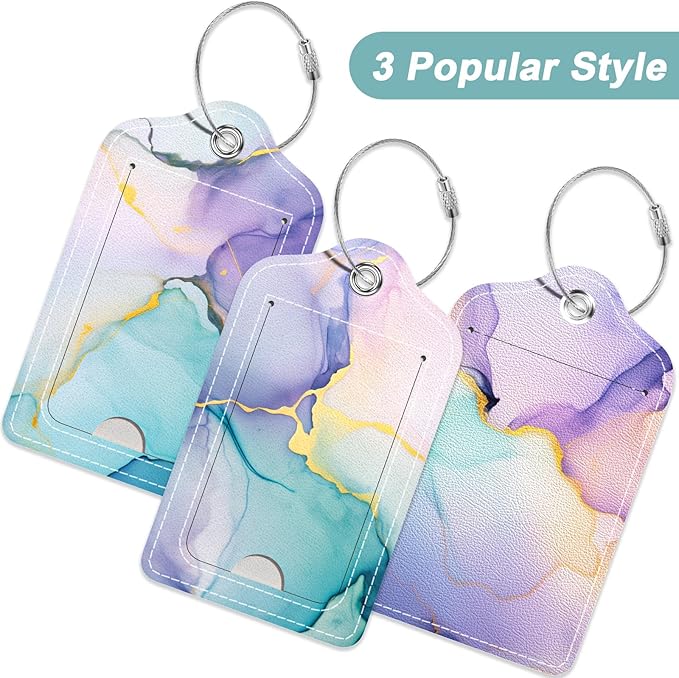 Rimilak 3 Pcs PU Leather Luggage Tags for Suitcase, Travel Cruise Luggage Tag with Privacy Flap, Name ID Label and Metal Loop for Women Men Baggage Handbag School Bag Backpack, Purple Marble