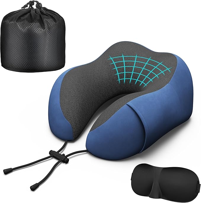 Neck Travel Pillow, Upgraded Memory Foam Pillow for Airplane, Machine Washable, Adjustable Flight Pillow, Suitable for Sleeping Airplane, Car, Office and Home (Dark Blue)