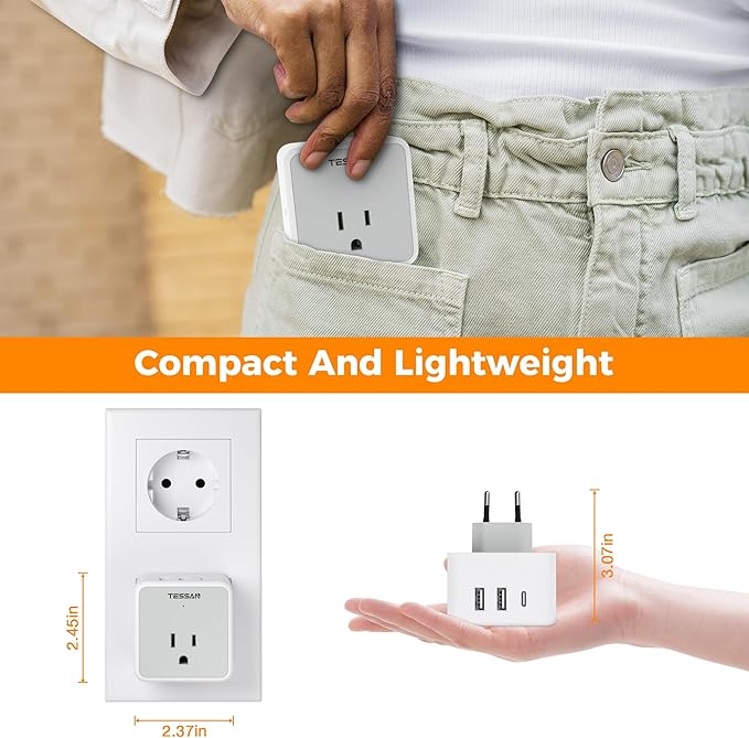 TESSAN All European Italy Travel Plug Adapter Kit, International Detachable with 3 Outlet 3 USB Charger (1 USB C), Type C/E/F/L EU Power Adaptor, US to France Germany Spain Greece Iceland