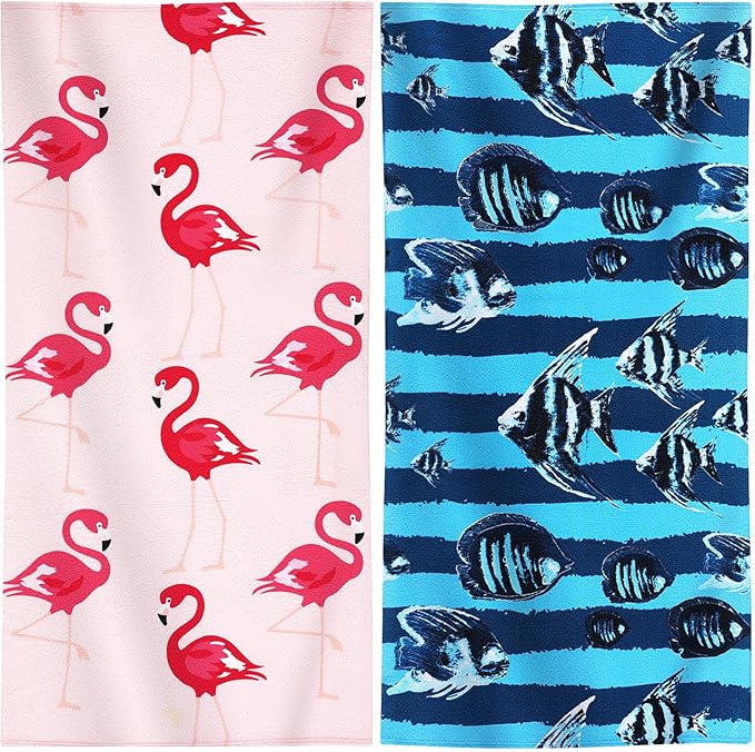 Genovega 2 Packs Oversized Beach Towel Set 36 x 72 in Large Big Pool Camping Swim Clearance Soft Towels Travel Essentials Accessories Must Haves Vacation Adult Necessities Gifts Clownfish Flamingo