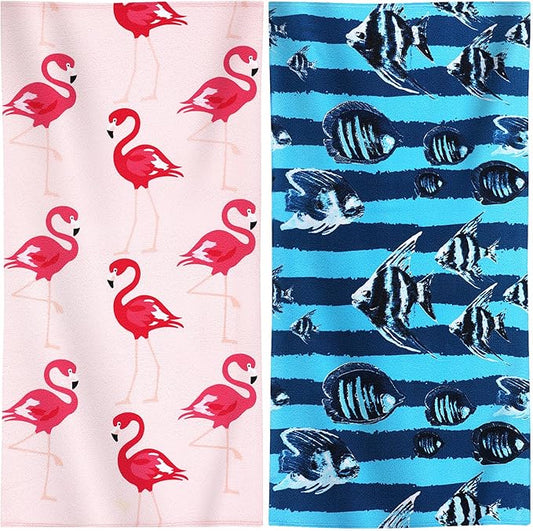 Genovega 2 Packs Oversized Beach Towel Set 36 x 72 in Large Big Pool Camping Swim Clearance Soft Towels Travel Essentials Accessories Must Haves Vacation Adult Necessities Gifts Clownfish Flamingo