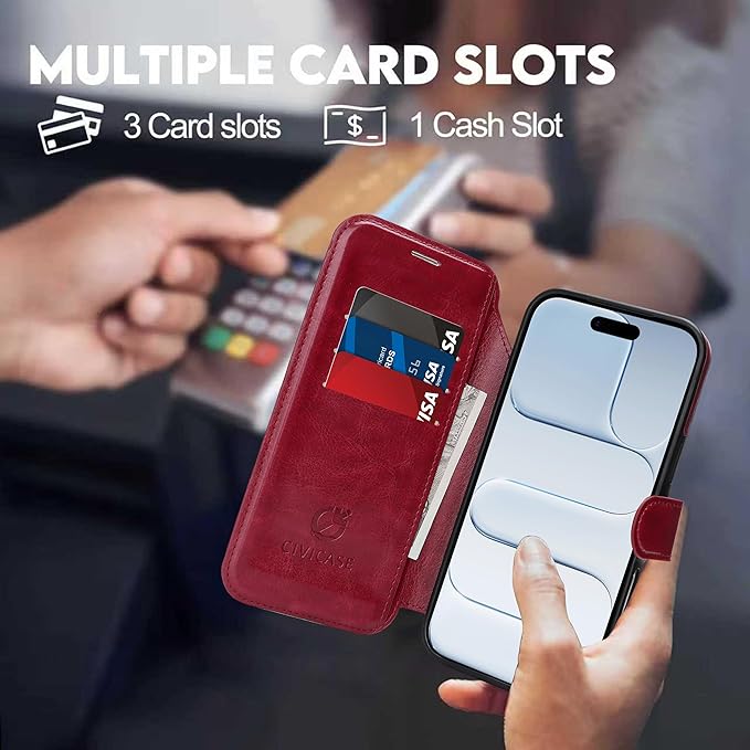 CIVICASE for iPhone Air Wallet Case with Stand,PU Leather Flip Credit Card Holder Slots (RFID Blocking),Compatible with Magsafe Magnetic Holder Phone Cover Women Men,Wine Red