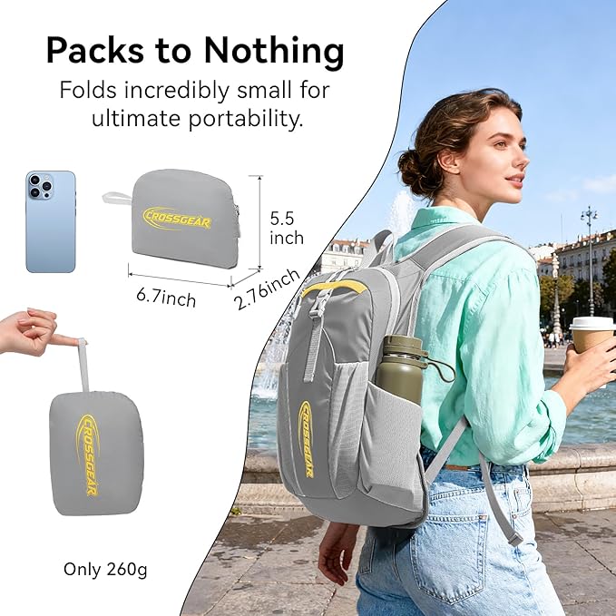 CROSSGEAR Foldable Hiking Backpack, 16L Lightweight Packable Backpack with RFID Pocket, 210D Nylon Fabric, Water Resistant Small Daypack for Women Men Gray