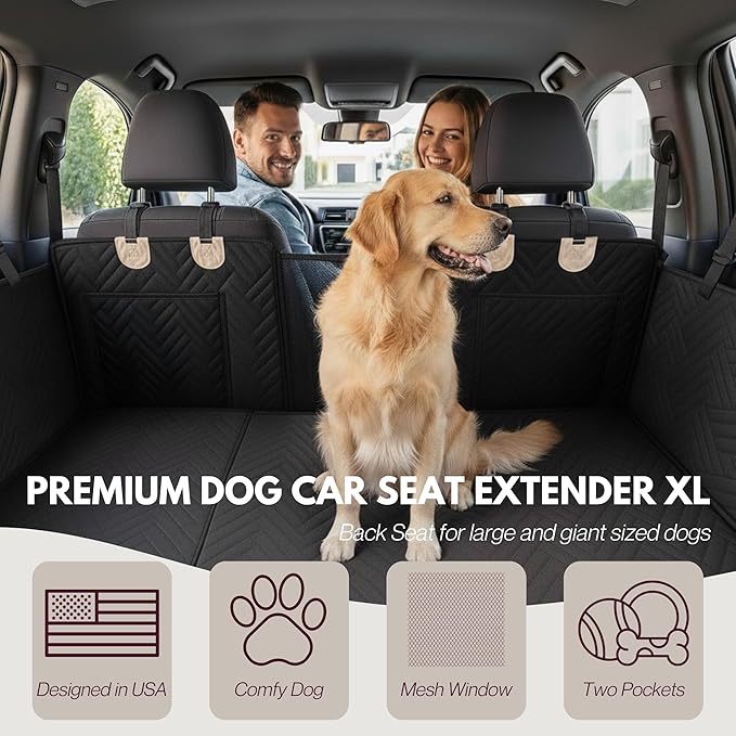 Premium Dog Back Seat XL Extender | Supports 400 lbs | Waterproof Hard Bottom & Non-Slip Design | Pet Seat Cover with Mesh Window & Storage Pocket | Fits Large SUV, Trucks (Black)