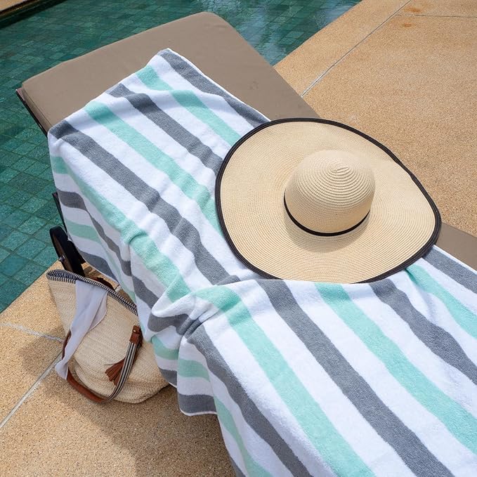 Arkwright Cabo Cabana Stripe Beach Towel Bulk - Case of 24 - Large Soft Quick Dry Cotton Terry Towels for Pool, Swim, and Hot Tub, Oversized 30 x 70 in, Grey/Mint
