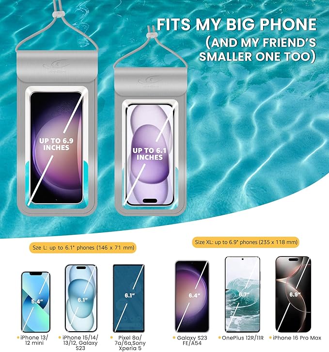 HiRui Universal Waterproof Phone Pouch with Touch Screen, IP68 Waterproof Phone Case Dry Bag for Beach, Compatible with iPhone 16/Pro/Plus/Max/15/14, Galaxy S24+/25+, Fits up to 6.9" (Silver, X-Large)