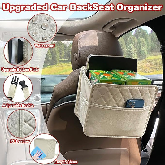 2 Pack Upgraded Car Seat Organizer Backseat with Storage Pockets, Multipurpose Car Organizer Hanging Car Trash Bag Premium PU Leather Garbage Can 2.14 Gallon Large Capacity Accessories Beige