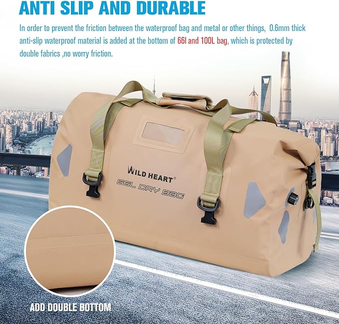 WILD HEART Waterproof Motorcycle Duffel Bag PVC500D Double-bottom With Rope Straps and Inner Pocket 40L 66L 100L for Kayaking, Camping, Boating,Motorcycle