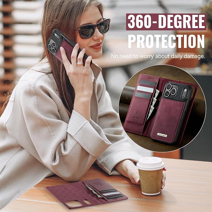 PlusnapX Wallet Case for iPhone 17 Pro Compatible with Magsafe, 2-in-1 PU Leather Flip RFID Blocking Card Holder Stand Shockproof Magnetic Detachable Case for iPhone 17 Pro Case 6.3", Burgundy