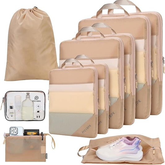 Lightweight Compression Packing Cubes for Suitcases, Compressible Expandable Travel Packing Organizer with Clear Toiletries and Backpack Bag, Travel Essentials for Carry on Luggage 7 Set