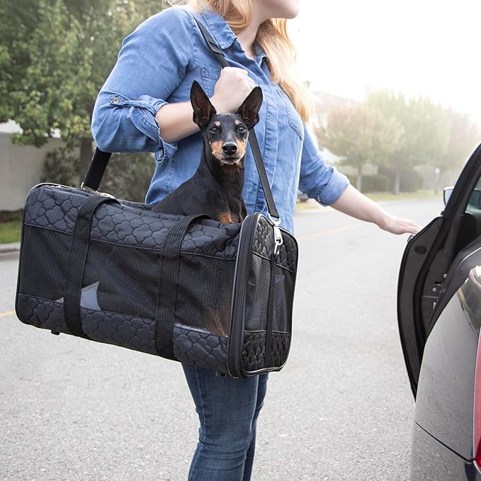 Sherpa Pet Carrier Airline Approved with Spring Wire Frame - Cat & Dog Carrier for In-Cabin Travel, Mesh Ventilation, Locking Zippers - Black Lattice, Large