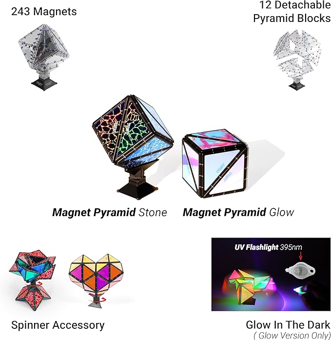 TOSY Magnet Pyramid Glow - 1 Cube Transforms into 1 Billion Shapes, 12 Pieces, 243 Rare Earth Magnets, Glowing, Christmas Stocking Stuffers Gift for Kids, Creative Puzzle STEM/STEAM Toy, 4-Pack