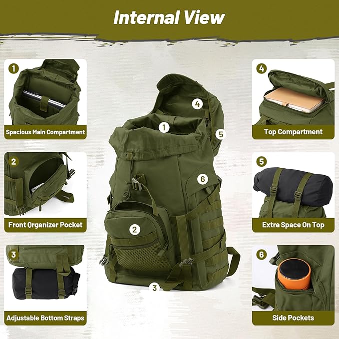 AUMENTAR 50L Tactical Backpack for Men and Women, Water-Resistant Molle Rucksack, Large Military Assault Pack for Hiking, Hunting, Camping, Gym & Outdoor Survival Green