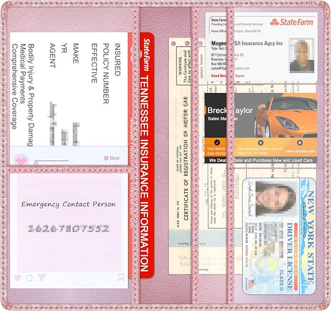 Car Insurance and Registration Holder, 9.5 x 5 Inch PU Leather Vehicle Glove Box Organizer Wallet Case for Insurance Card, Driver License, Paperwork - Rose Gold
