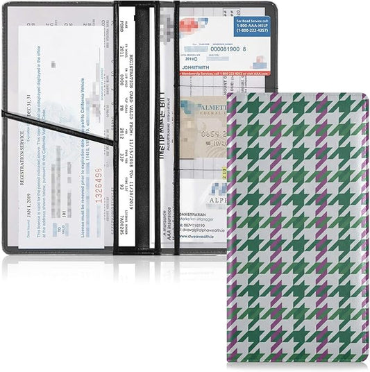 linqin Car Registration and Insurance Card Holder, Houndstooth Purple Green Glove Box Organizer Card Document Wallet