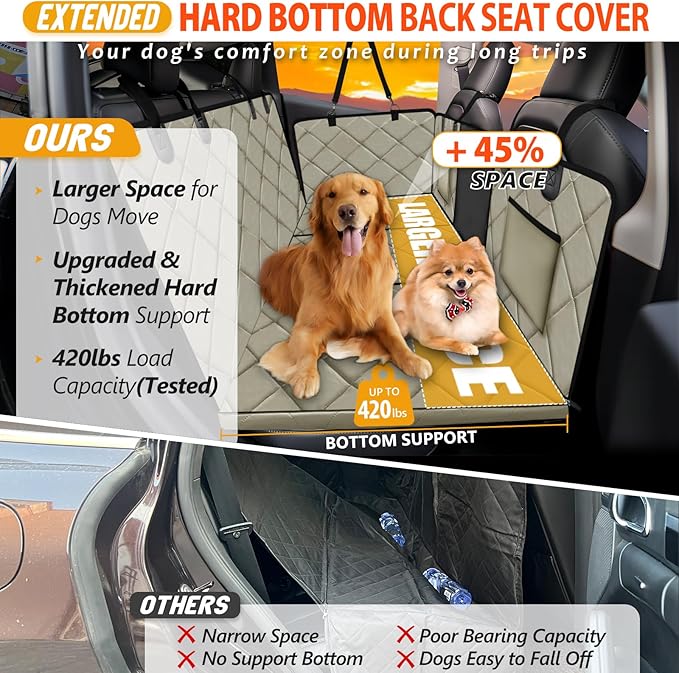 Back Seat Extender for Dogs-Large Space, Dog Car Seat Cover Hard Bottom Holds 420lbs, Sturdy Backseat Extender for Dogs, Upgraded Material,Waterproof Dog Hammock for Car SUV, Truck Khaki