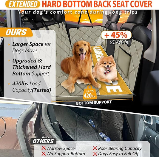 Back Seat Extender for Dogs-Large Space, Dog Car Seat Cover Hard Bottom Holds 420lbs, Sturdy Backseat Extender for Dogs, Upgraded Material,Waterproof Dog Hammock for Car SUV, Truck Khaki