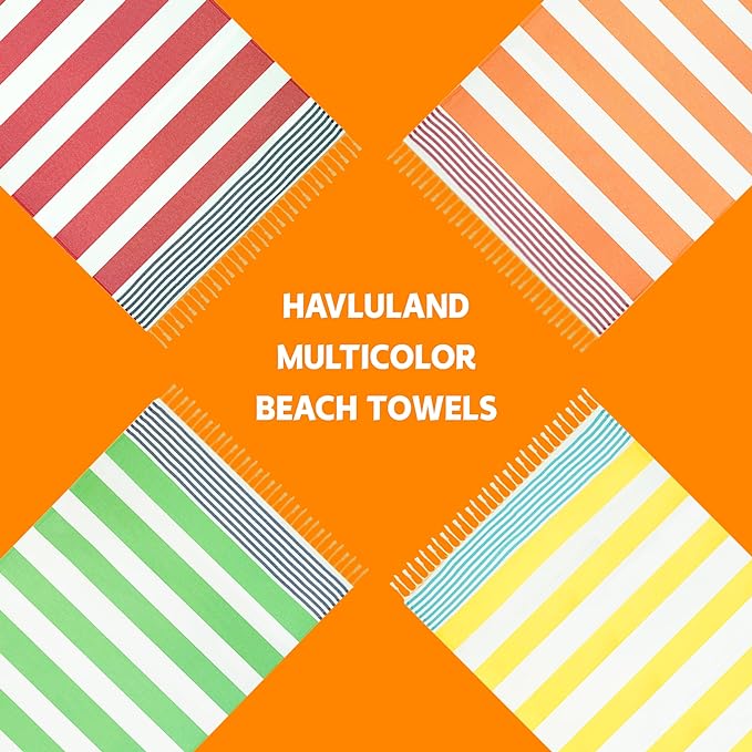 HAVLULAND Turkish Beach Towel, Bath Towels, Oversized 72"X40", Quick-Dry, Absorbent, Lightweight, Compact, Sand-Resistant, Travel-Friendly, 100% Cotton, Cabana Striped Soft Pool Towels - Pack of 6 -