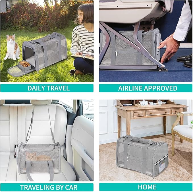 Soft - Sided Pet Carrier for Cats and Small Dogs, Airline - Approved, Grey Travel Tote with Mesh Windows, Foldable Bowl, Shoulder Strap, Oeko - TEX Certified