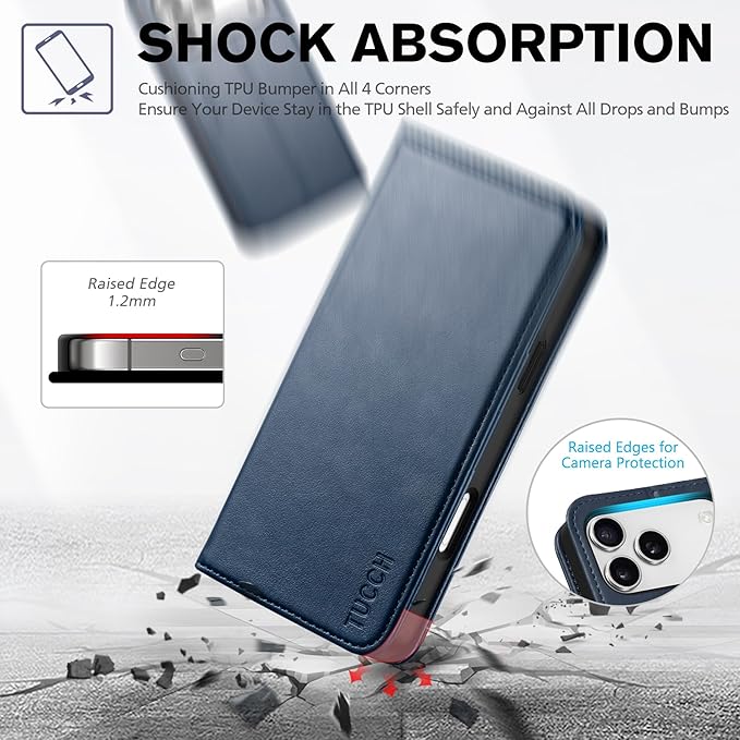 TUCCH Case Wallet for iPhone 17 Pro Max (6.9-Inch) 2025, 3 Card Slots | Kickstand | RFID Blocking | PU Leather | Protective Flip Folio Cover | TPU Shockproof Interior Shell | Deep Blue