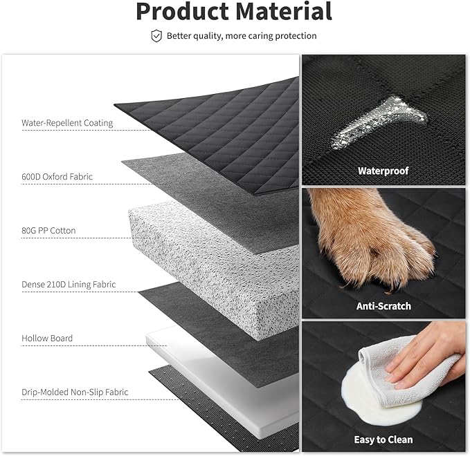 HOTEAGLE Dog Seat Covers for Back Seat, Hard Bottom Back Seat Extender for Dogs, 600D Upgraded Material Waterproof and Comfortable with 400lbs Holds, Ideal for Car Trips and Outdoor Adventures（Black）