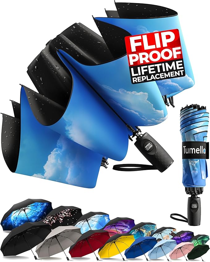 TUMELLA Flip-proof Inverted Travel Umbrella, Small Strong but Light Portable and Automatic Reverse Folding Rain Umbrella, Durable Premium Grip, Fits Car & Backpack