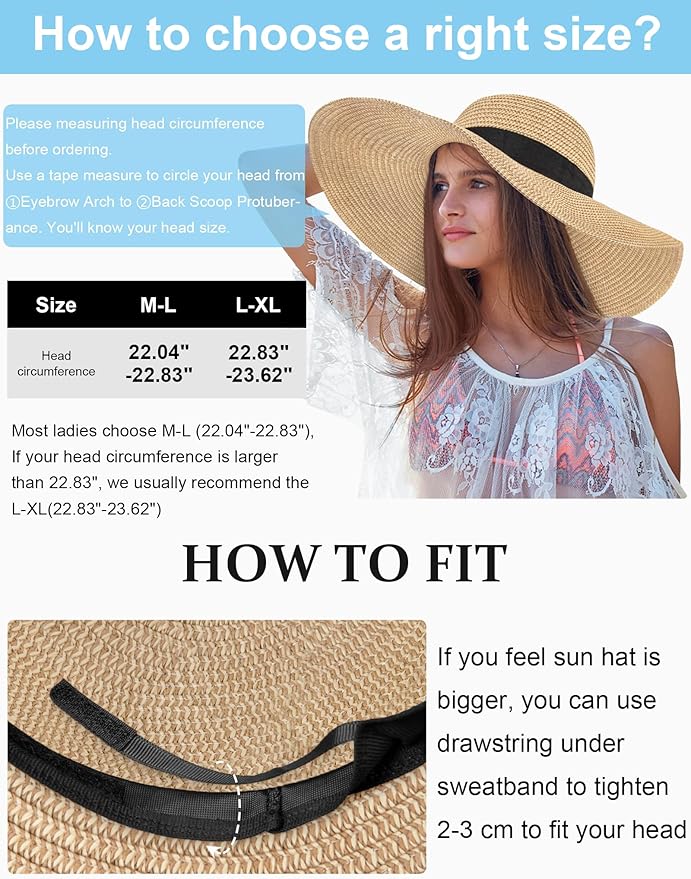 Senker Fashion Sun Hats for Women Oversize Wide Brim Straw Beach Hat Floppy Foldable Roll-Up Summer Vacation UPF 50+