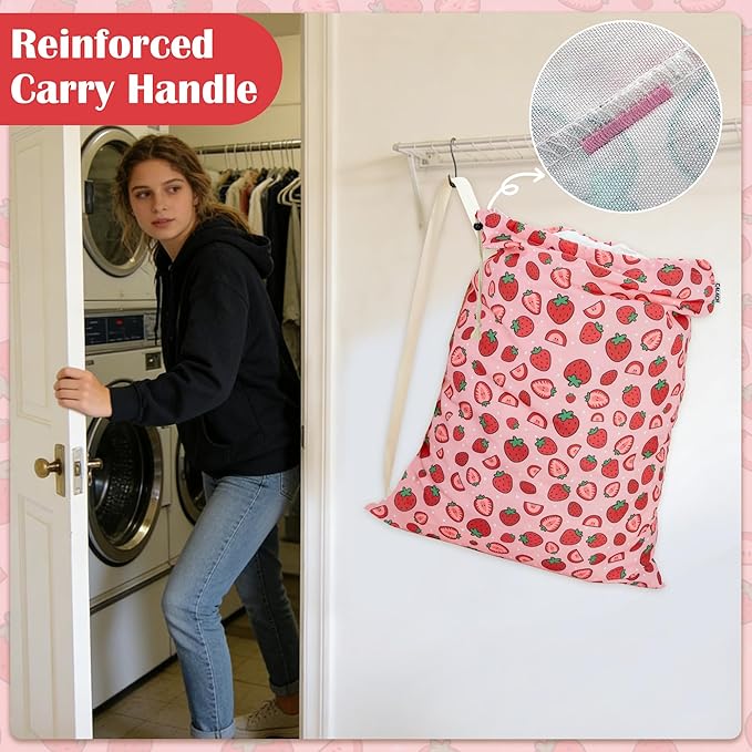 Canvas Laundry Bag with shoulder Strap 24" x 29", Large Drawstring Dirty Clothes Bag Washable Laundry Sack for College Dorm, Travel, Home, Camp (Strawberry)