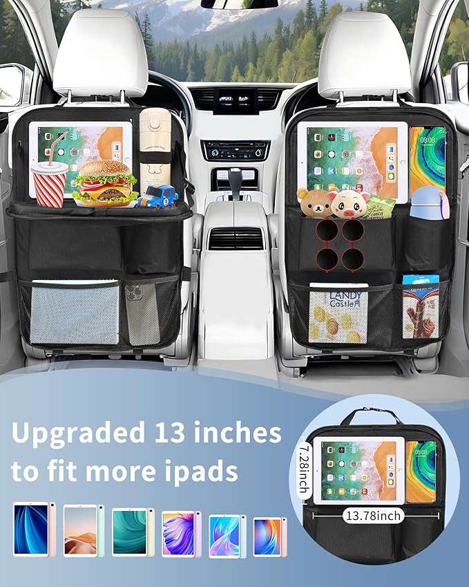 Backseat Car Organizer with Touch Screen Tablet Holder, Storage Pockets, Foldable Food Tray, Kick Mats Back Seat Protector, Travel Accessories for Kids and Adults (Upgraded Rear Organizer-2pcs)