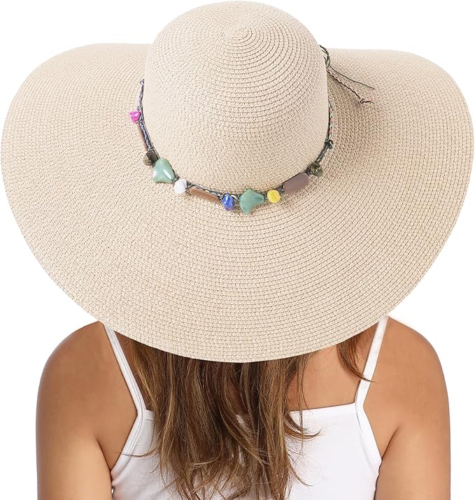 Lanzom Womens Wide Brim Straw Hat Big Floppy Foldable Roll up Cap Beach Sun Hat UPF 50+
