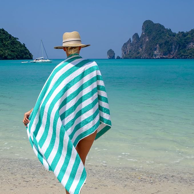 Arkwright California Cabana Stripe Beach Towel - Pack of 4, Large Soft Quick Dry Cotton Terry Towels Set for Pool, Swim, and Hot Tub, Oversized 30 x 70 in, Green