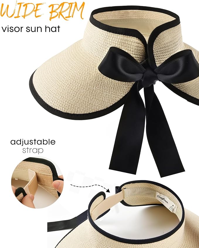 Camptrace Sun Visors for Women Wide Brim Beach Hat Foldable Straw Visor Hat Ponytail Summer Packable UPF 50+