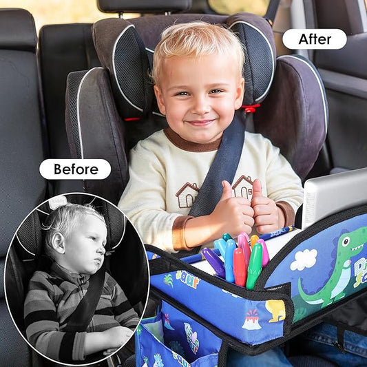 WENRENER Kids Travel Tray for Airplane - Toddler Car Seat Table Tray, Road Trip Essentials for Boys & Girls, Carseat Lap Desk for Kids Road Trip Activities,Blue Dinosaur