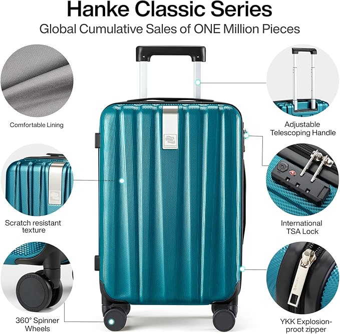 Hanke 20 Inch Carry On Luggage 22x14x9 Airline Approved Lightweight PC Hard Shell Suitcases with Wheels Travel Luggage Rolling Suitcase Travel Luggage Bag Christmas Gifts for Birthday(Caribbean Blue)