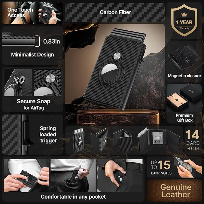 Mens Smart Wallet Card Holder for AirTag: Leather, Compatible with Apple Air Tag, RFID Blocking, Slim, Carbon Fiber, Minimalist - 9-14 Card Capacity | ID Window | Cash Slot (Black)