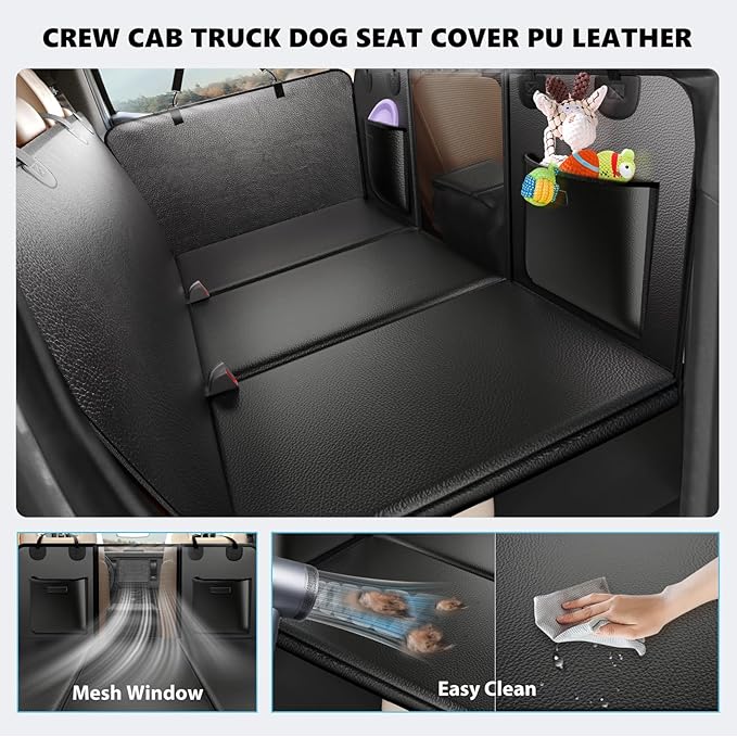 Back Seat Extender for Dogs-Leather Upgraded Foam, Hard Bottom Dog Seat Cover for Truck Back Seat, Dog Hammock for Truck Crew Cab F150, RAM1500, Sierra, Silverado,Tundra, Titan（59‘x29’