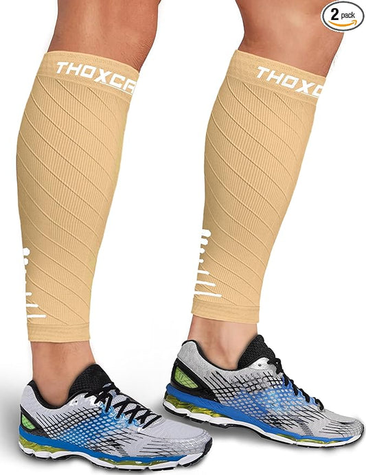 Thoxcare Calf Compression Sleeve for Men Women (2 Pairs), Leg Support Footless Compression Socks for Running - Shin Splint Varicose Veins Swelling & Pain Relief, Beige/White, Large