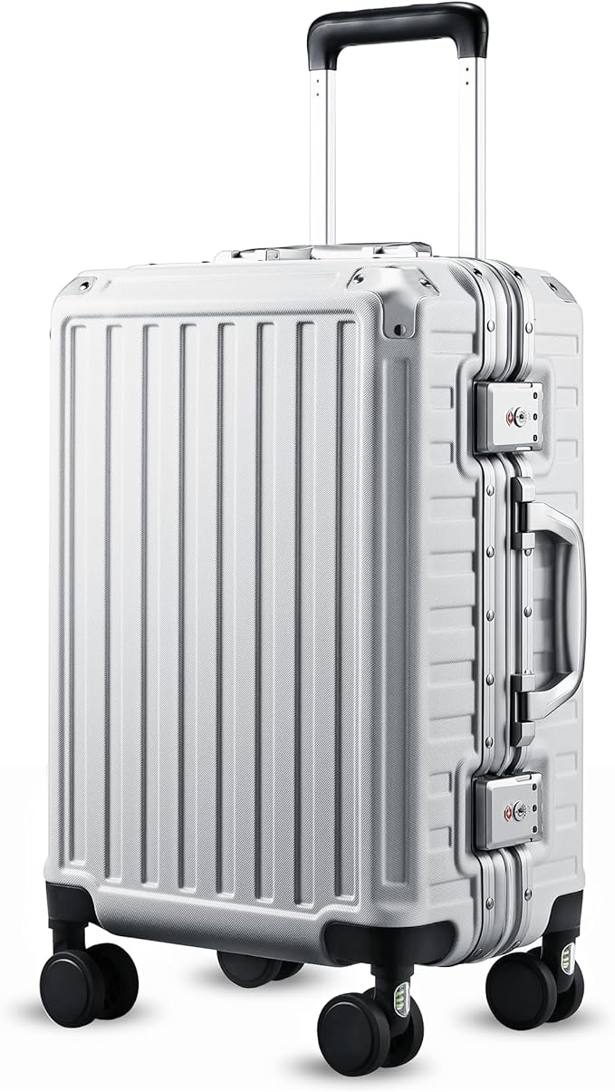 LUGGEX Carry On Luggage with Spinner Wheels, 20 Inch Aluminum Frame Zipperless Polycarbonate Hard Shell Suitcase, Silver