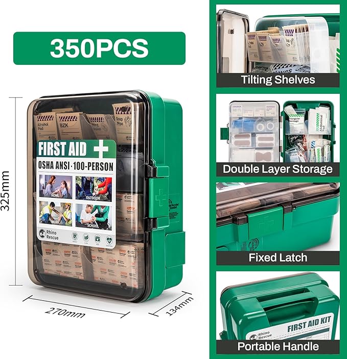 RHINO RESCUE First Aid Kit for Business - Plastic Wall Mounted First Aid Box, Hard Case Emergency Kit for Home, Office, Workshop, Restaurant (Green)