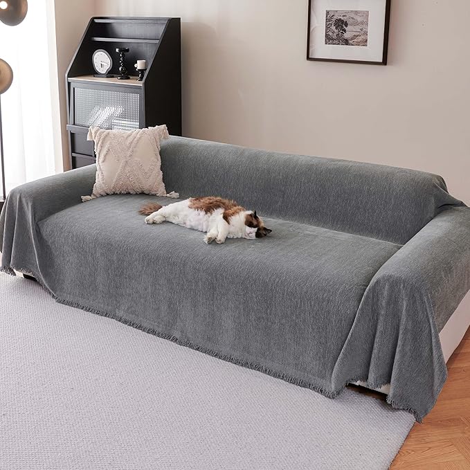 Chenille Couch Cover for Dogs - Sofa Covers for 2 Cushion Sofa Pet Friendly, Scratch Resistant & Non-Slip Furniture Cover Fits Love Seat, Beige, 71"x118", Grey