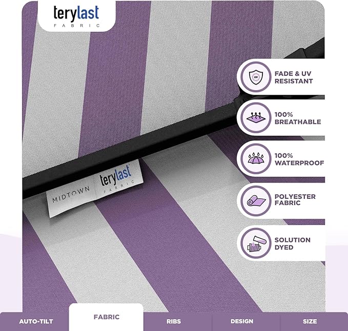 Midtown Umbrellas 10-Year-No-Fade - 6 Ft - UV Proof Purple/White Stripe Fabric - Umbrella Outdoor Patio, Auto-Tilt Aluminum Frame Large Patio Umbrella for Garden, Pool & Deck - Black Pole