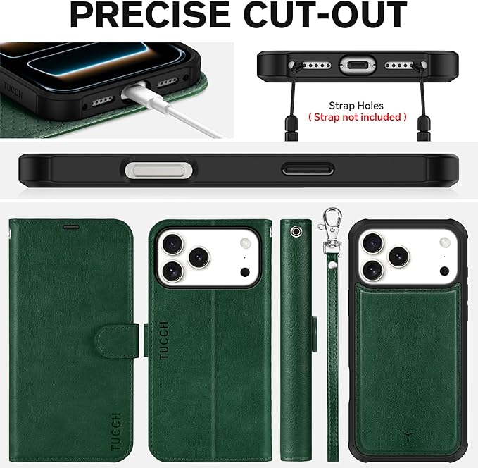 TUCCH 2-in-1 Removable Wallet Case for iPhone 17 Pro Max 6.9", Wireless Charging | RFID Blocking 4 Card Holder | Wrist Strap | Kickstand | Magnetic | PU Leather | Protective Flip Cover | Dark Green