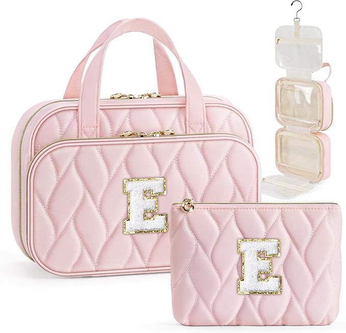 YOOLIFE Teen Girl Gifts Trendy Stuff - Birthday Gifts for 7 8 9 10 11 12 13 14 15 16 17 18 Year Old Teen Girls Hanging Toiletry Bag Initial Makeup Bag - Letter Pink E