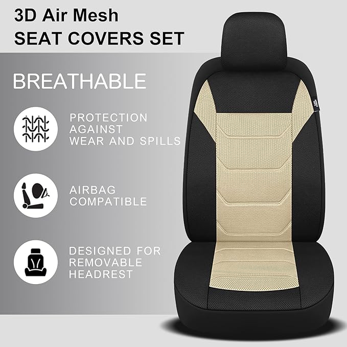 Pariiaotin 3D Air Mesh Car Seat Cover Full Sets Washable and Breathable Premium Cloth Automotive Vehicle Seat Covers for Cars Interior, Universal Fit for Most Cars, Sedan, Truck, SUV(Black/Beige)