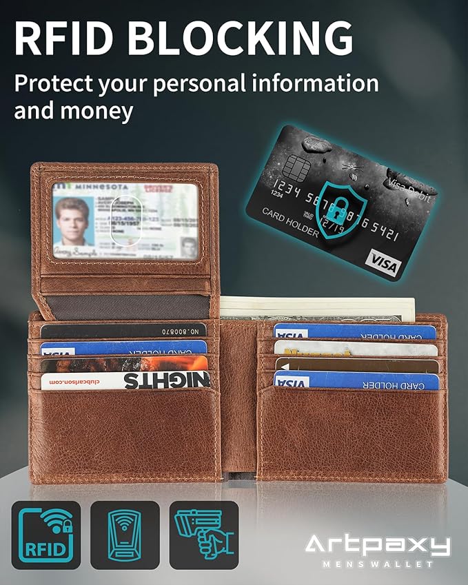 Mens Wallet With AirTag Holder, Bifold Leather RFID Blocking 1-2 ID Windows 12-13 Card Holders, Gift Box and Screen Protector Included, AirTag Not Included