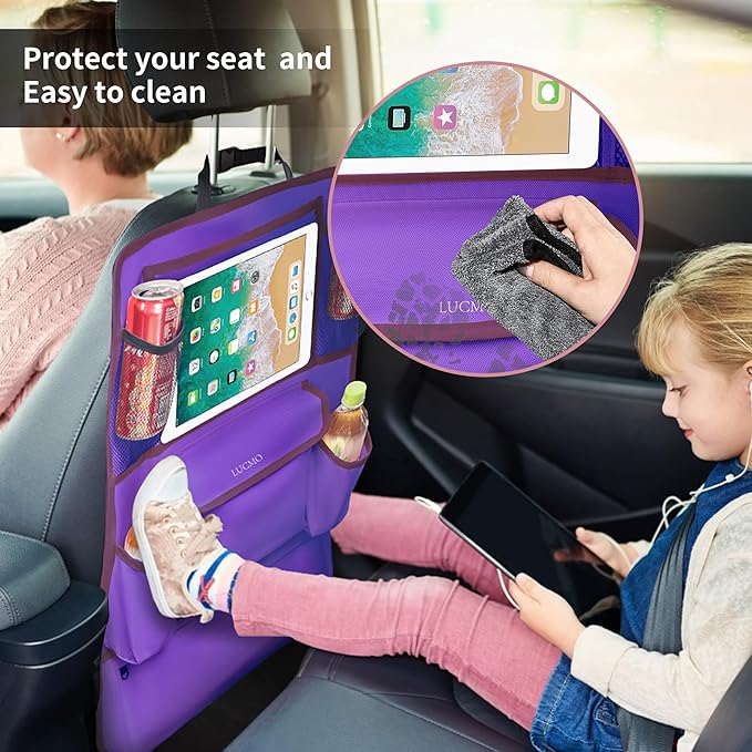 LUCMO Car Backseat Organizer with Touch Screen Tablet Holder,9 Storage Pockets Car Storage Organizer,Protectors Kick Mats Travel Accessories for Kids-Dark Purple