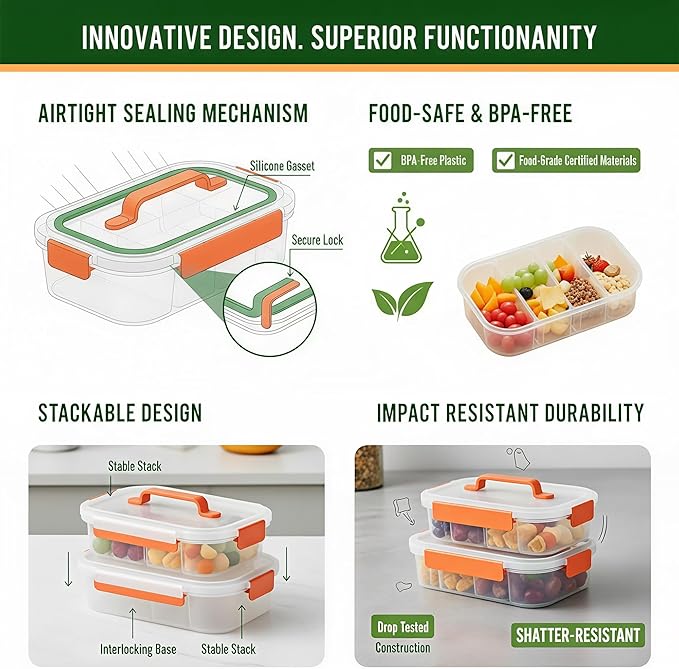 Li & Zhao Snackle Box Container - 4-Compartment Divided Snack Serving Tray with Silicone Handle, Perfect for Picnics, Leak-Proof, and Dishwasher-Safe Dressing Containers(Orange)