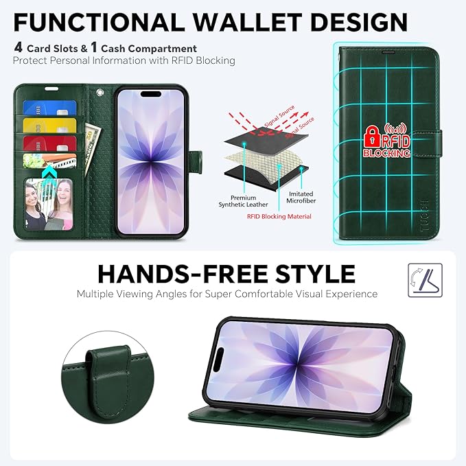 TUCCH Detachable Case Wallet for iPhone 17 (6.3") 2025, Removable Wrist Strap, Wireless Charging, Stand, 4 Card Slots RFID Blocking, 2-in-1 Magnetic, PU Leather, Shockproof Folio Cover, Evergreen