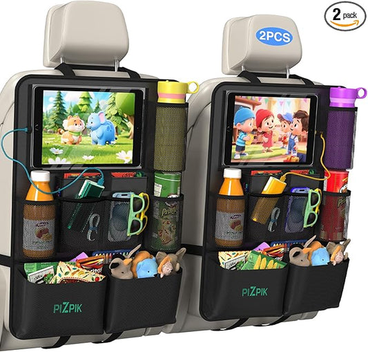Car Backseat Organizer with Tablet Holder,11 Storage Pockets with Foldable Food Tray, Protector Kick Mats for Kids, Travel Accessories Organizer (Black, 2Pack)
