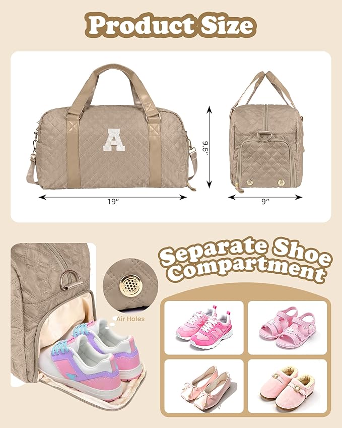 Elilier Initial Duffle Bag for Travel Women Girls Gift: Personalized Weekender bags, Dance Cheer bag Sports for Girl, Kid Gymnastics Bags, Birthday Gifts for Women Girls Kids Teens Mom Teacher